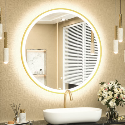 Round Framed Dimmable LED Anti-Fog With 3 Color Adjustment Bathroom Mirror Front&Backlit Vanity Mirror with Tempered Glass