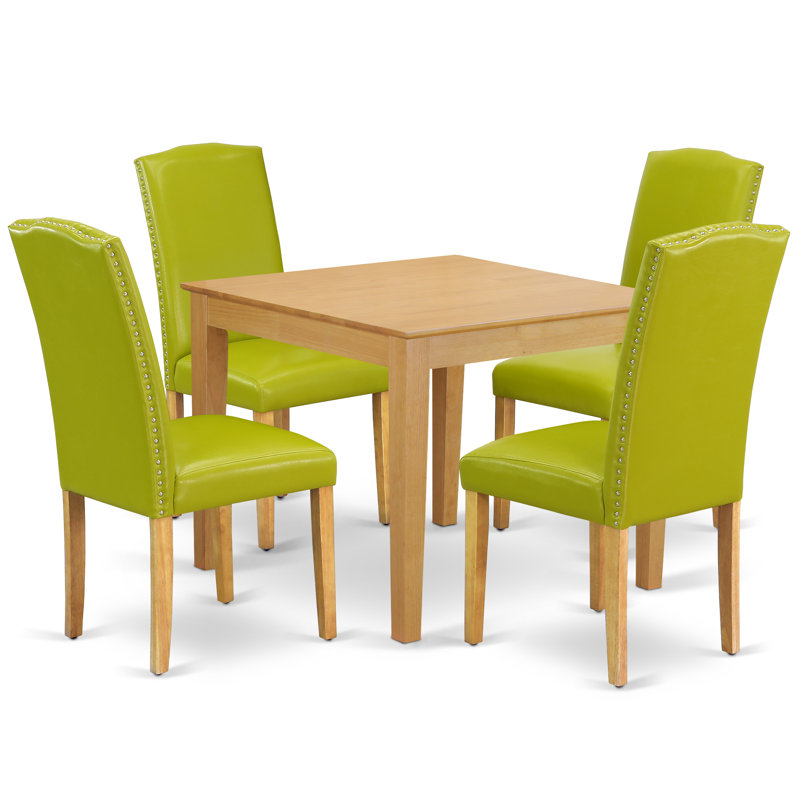 5 Piece Dining Set Includes a Square Dining Room Table and 4 Autumn Green Faux Leather Upholstered Parson Chairs, Oak, Oak