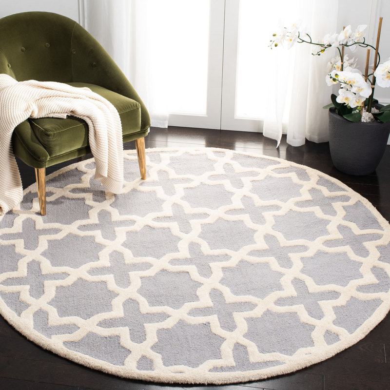 Tapis gris / ivoire touffeté à la main à motif géométrique d'Igna, Rond 4 pi