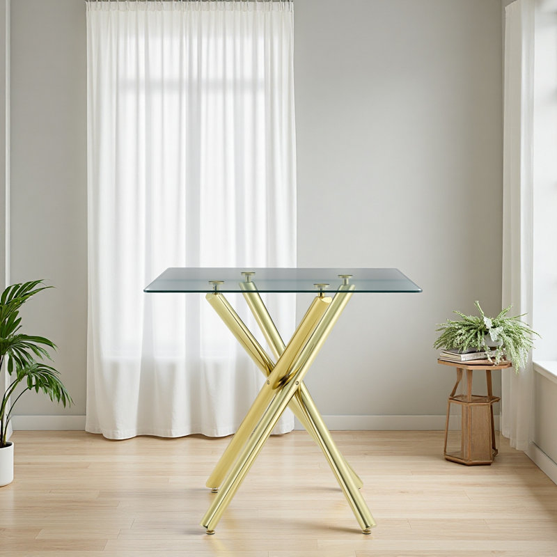 Table de bar moderne avec plateau en verre trempé, table de pub avec pieds en métal robustes, Doré