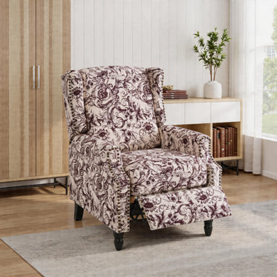 Upholstered Classic Wing Back Manual Push Back Recliner With Naihead Trims And Solid Vase-Shape Wooden Legs