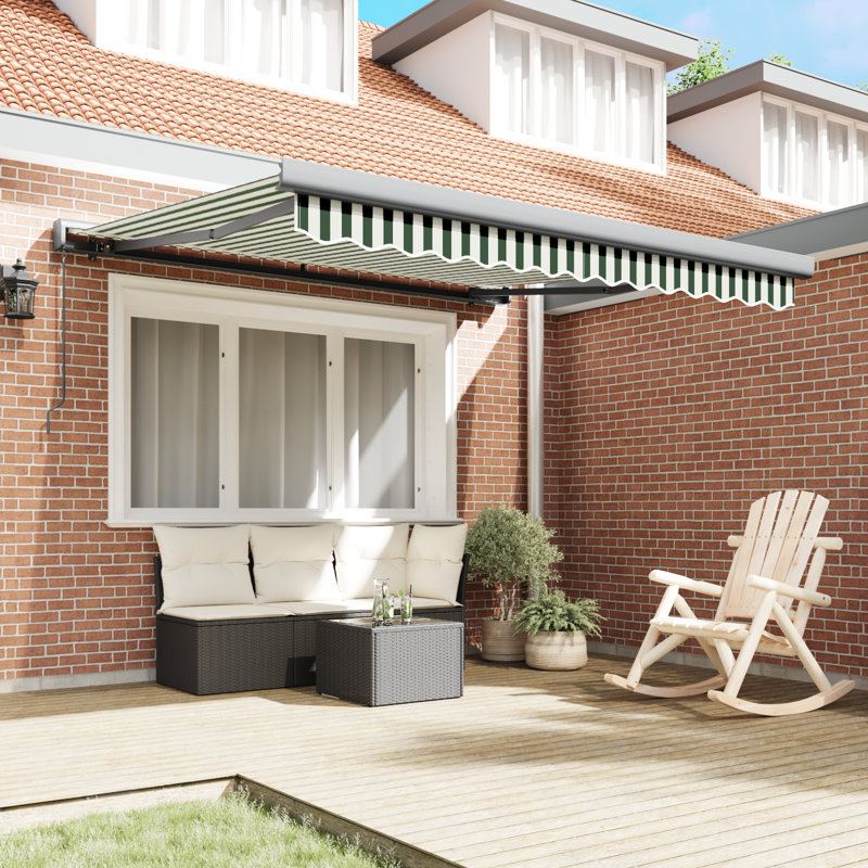 Longshore Tides Retractable Patio Awning, 350 cm W x 250 cm D, Green/Grey Striped