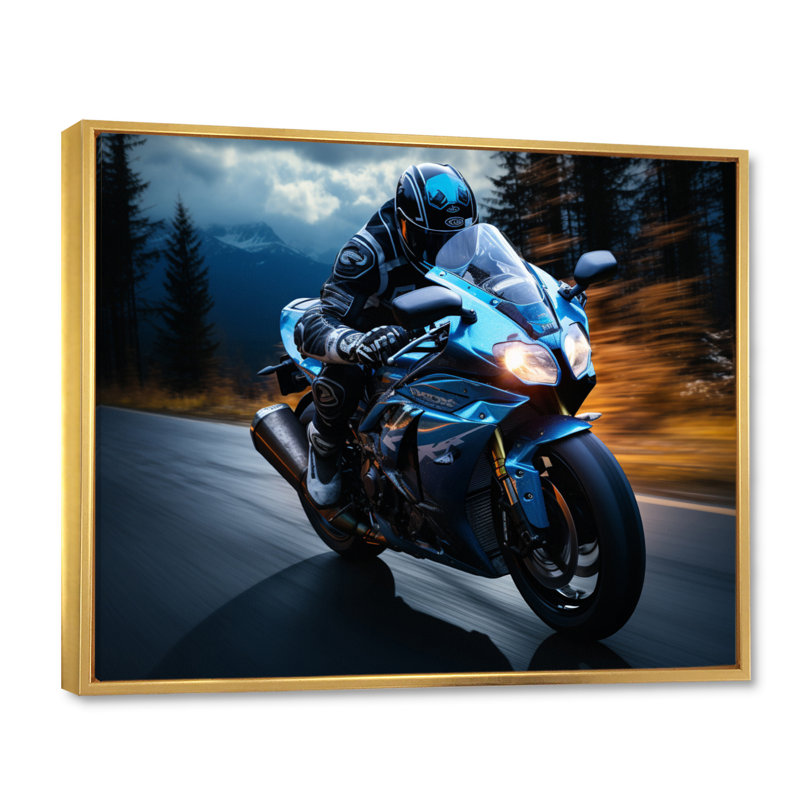«Blue Yellow Motorcy Symphony», reproduction d'art sur toile encadrée, H 34 po x l 44 po x P 1,5 po, Cadre flottant doré