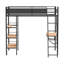 Lit mezzanine simple en métal à économie d'espace avec panneaux en filet, bureau intégré et trois tablettes ouvertes avec lit noir mat et 3 tablettes pour l'espace de travail