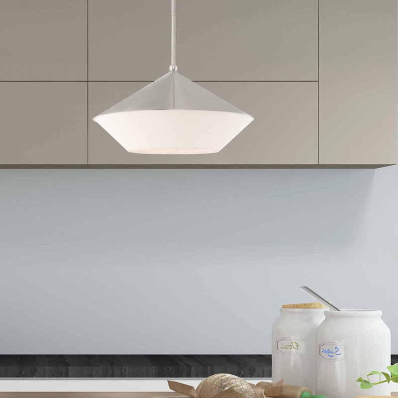 Luminaire suspendu simple Harbourvale, Nickel brossé, Blanc cassé