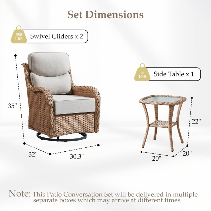  Ensemble de meubles de patio 3 pièces, ensemble de conversation extérieur en osier jaune avec 2 chaises berçantes pivotantes et table d'appoint, sièges à haut dossier, housses beiges pour porche, terrasse