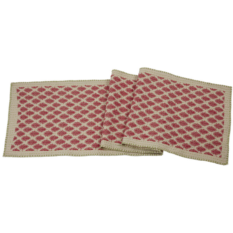 Handcrafted Red and Beige Cotton Table Runner