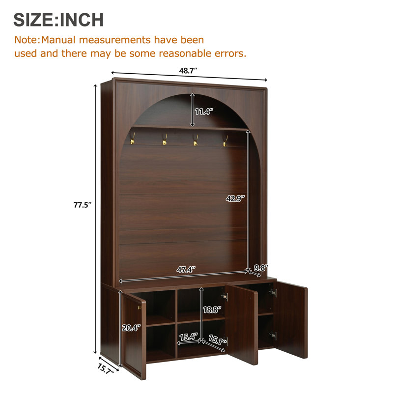 71" Modern Farmhouse Hall Tree with Arched Silhouette, Entryway Storage Bench with 3 Cabinets and 4 Golden Hooks, Brown