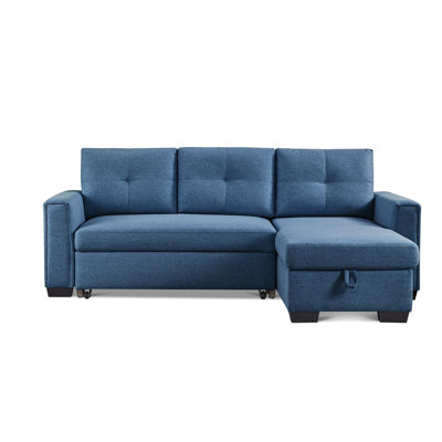  92" Blue Polyester Blend Convertible Futon Sleeper Sofa With Black Legs