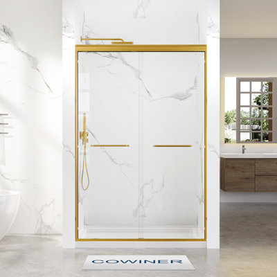 Porte de douche coulissante double encadrée en or brossé l 44 à 48 po x H 72 po avec verre trempé transparent de 1/4 po (6 mm)