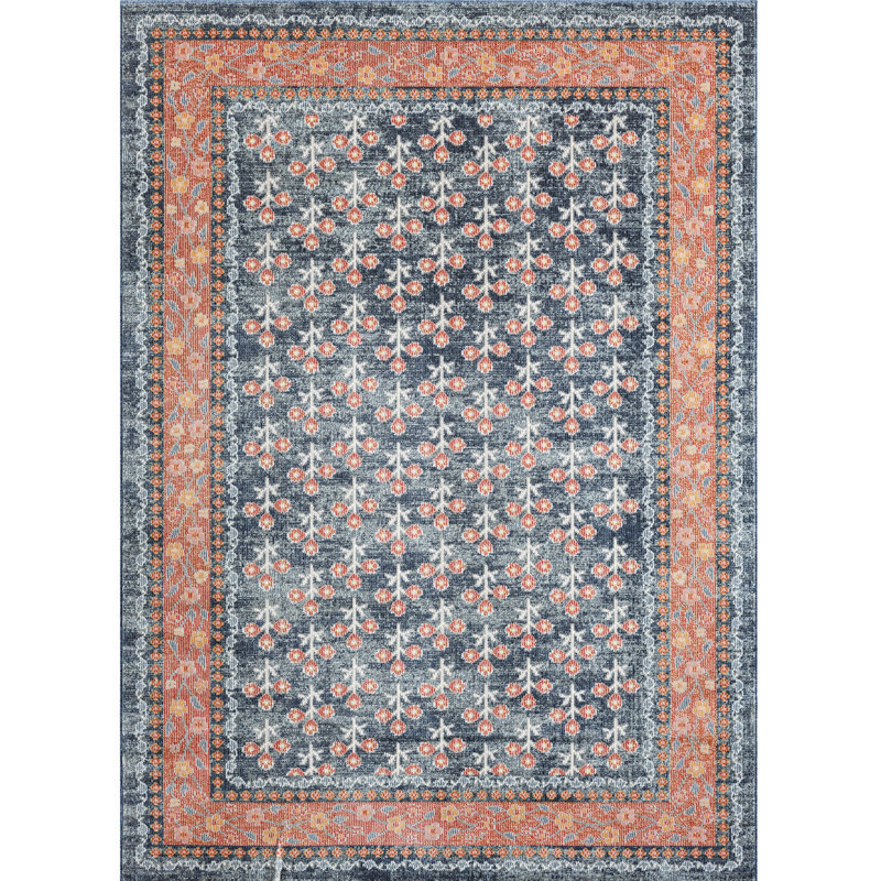 Abani Kyleigh DAL110A Coral Border Navy Floral Rug, Rectangle 5'3" x 7'7"