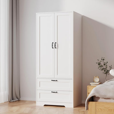 Wood Wardrobe Closet with Shelves and 2 Drawers,Freestanding Armoire Storage Cabinet for Hanging Clothes,Bedroom Wardrobe with Doors,White by Winston Porter