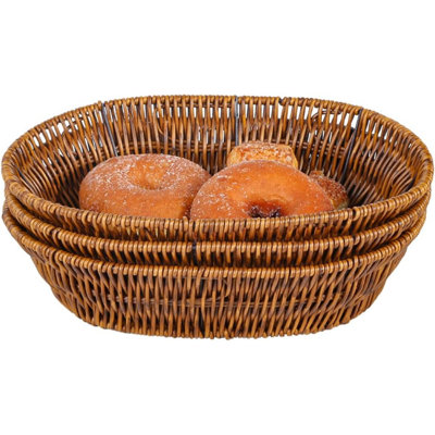 3Pcs Poly Wicker Bread Basket,Imitation Woven Fruit Basket Tabletop Tray,Handwoven Oval Food Vegetable Baskets For Serving Display Storage Kitchen Restaurant Market Showcase (Oval)