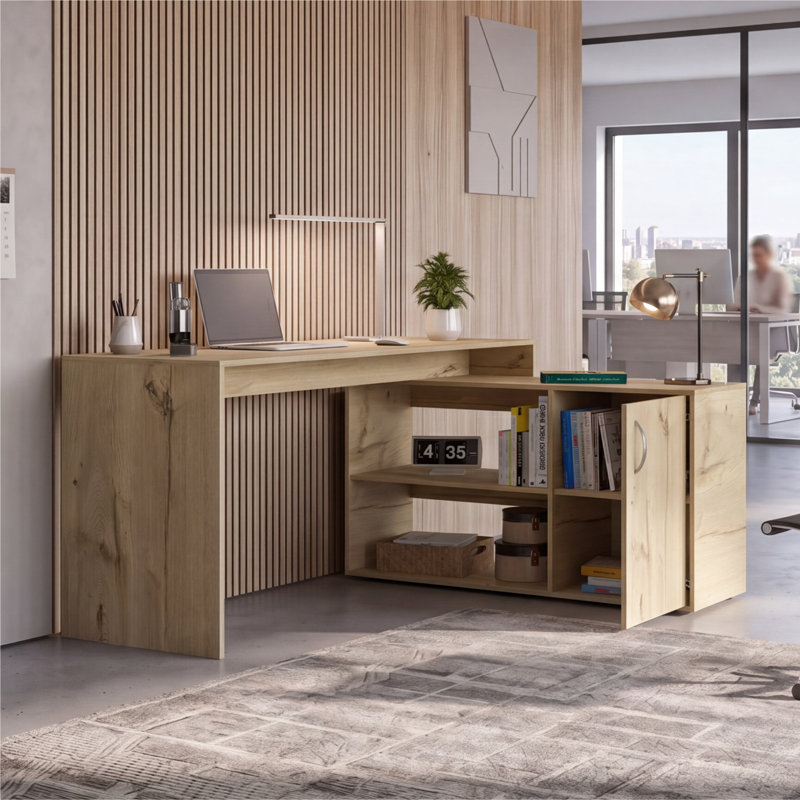 Axis L-Shaped Computer Desk with Open Storage Shelves and One Door Cabinet, for Home Office, Light Oak