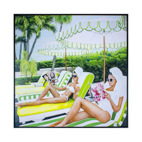 Framed painting of women in swimsuits and towels relaxing on lounge chairs by a pool, reading Elle and Allure magazines.