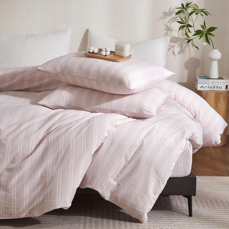 Ensemble de housse de couette à rayures XINMIANFANG, Rose/Blanc, Housse de couette pour très grand lit et 2 taies