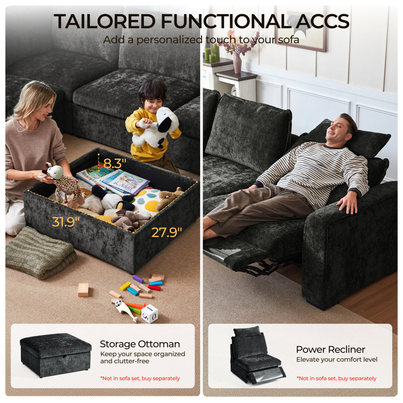 4-seater Chenille Oversized Power Recliner Sofa With Headrest, Extra Wide Modular Cloud Sectional Reclining Couch, Convertible With Storage Ottoman For Home Theater Living Room