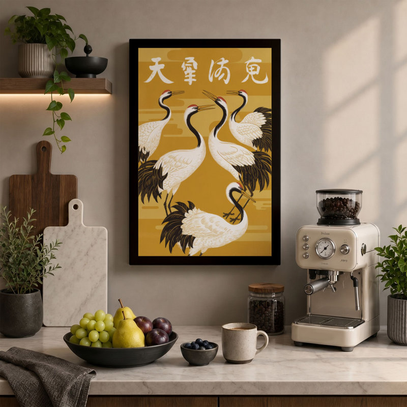 Three Cranes in Gold Japandi - Wrapped Canvas, 30x20 - 76.2 x 50.8 cm, Sage Border