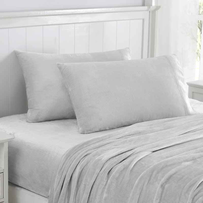 Ensemble de draps en molleton ultra doux Microplush, Gris, Ensemble de draps pour lit double avec 2 taies d'o