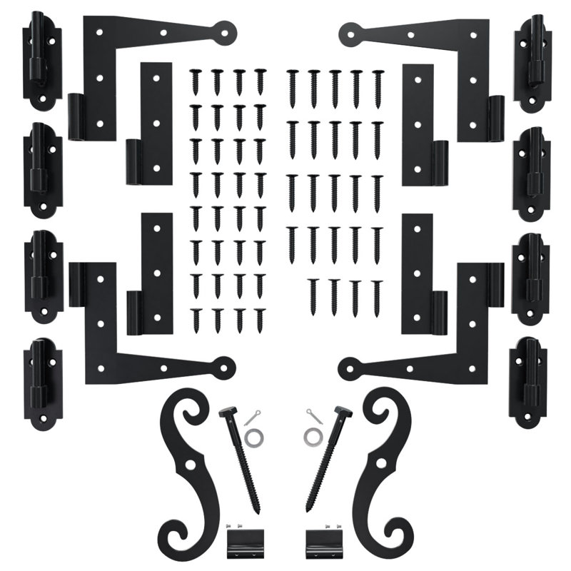 Charnière en L SteelTek avec ensemble de volets décalés de 0 po, pour des hauteurs de 60 à 80 po (comprend 4 charnières en L, 4 charnières plates, 8 pintels sur la plaque, 1 paire de retenues en S avec support de volet à verrou)