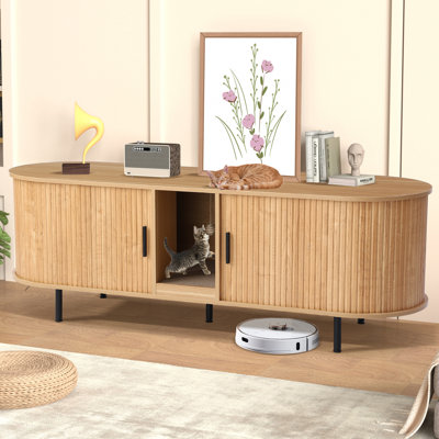 Enceinte de litière pour chat 63 "pour 2 chats avec portes coulissantes, meuble moderne pour litière cachée cannelée avec grattoir et boule de sisal, grand meuble télé d'intérieur pour chat