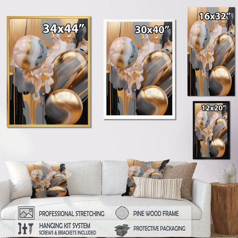 Or mystique doré et gris - Formes abstraites, impressions sur toile, H 20 po x l 12 po x P 1 po, Cadre flottant noir