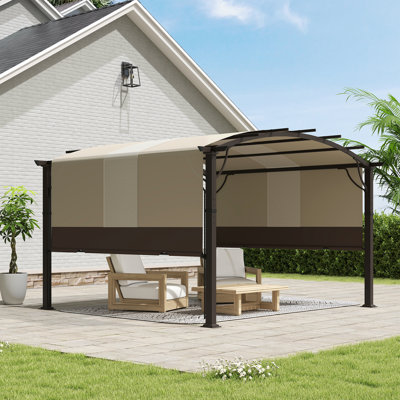 Pergola d'extérieur en aluminium 10 pi x 10 pi avec auvent légèrement arqué et abat-jour rétractable brun
