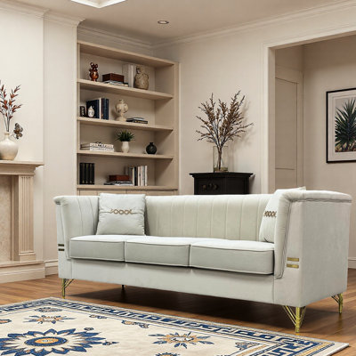 Canapé moderne en velours beige avec 2 coussins modernes, 82,67 pouces, dossier vertical et support, mousse haute, accoudoirs évasés, sièges de style Mid-Century, look luxueux