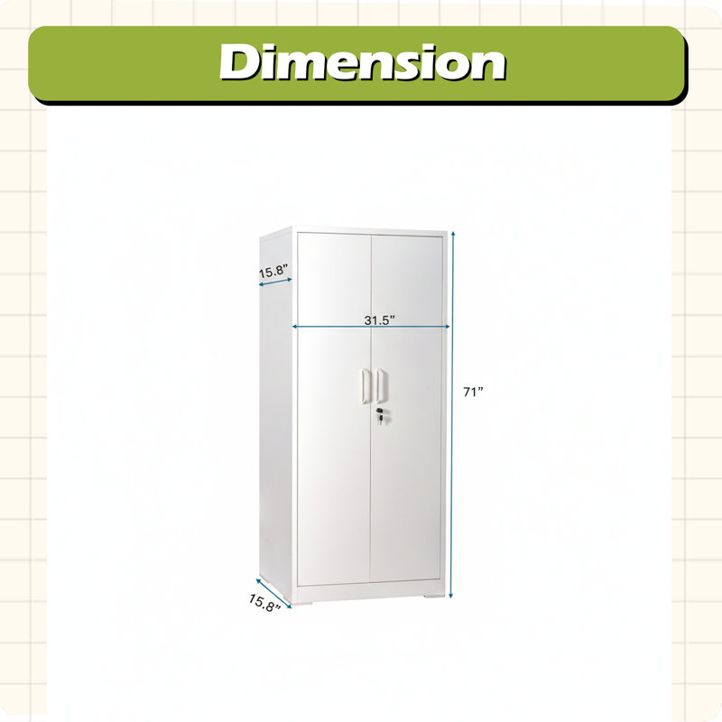 Armoire de rangement en métal 71 "avec portes verrouillables et 4 tablettes réglables, Blanc, crème