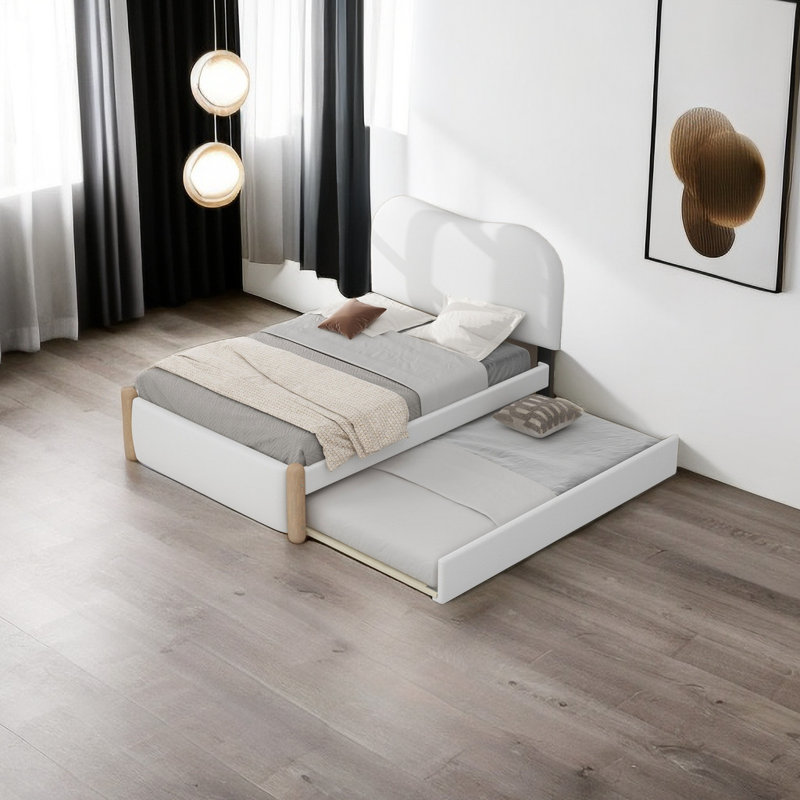 Lit plateforme simple tapissier avec pieds de support en bois et lit gigogne simple, Blanc