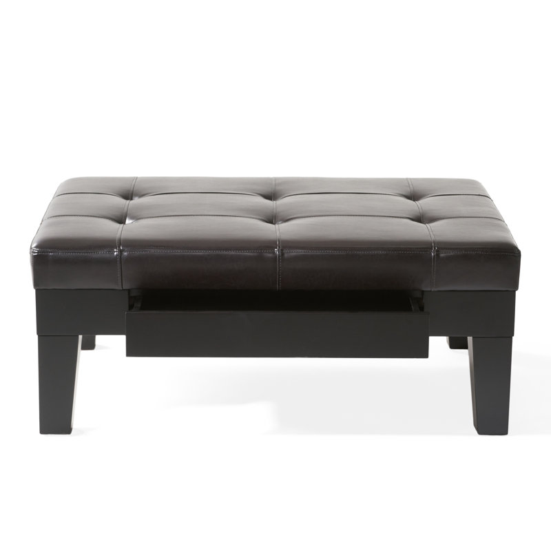 Brahmsley PU Leather Ottoman with Hidden Drawer & Wood Legs, Dark Espresso Faux Leather
