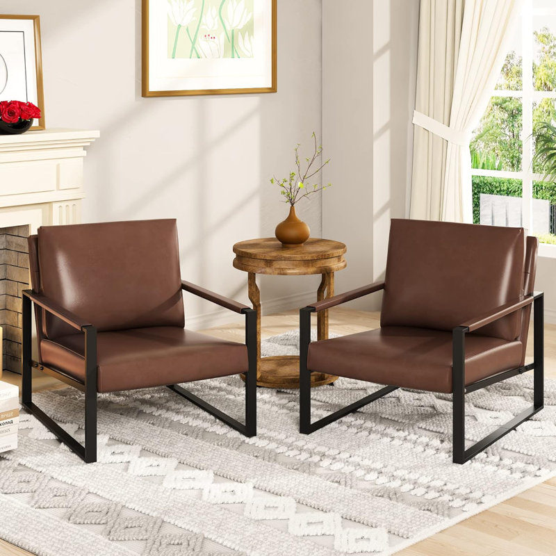 Pagnano 25" W Faux Leather Armchair Upholstered Accent Armchair, Coffee Faux Leather