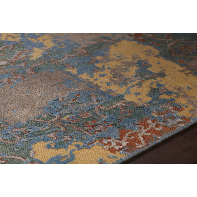 Tapis oriental en laine noué à la main bleu / vert Polett, Rectangle 7 pi 9 po x 10 pi 6 po