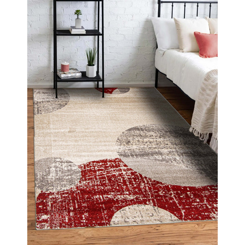 Tapis abstrait ivoire / rouge Jurgita, Rectangle 6 pi 7 po x 9 pi 6 po