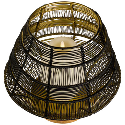 Small Woven Iron Pillar Candle Holder With Wooden Base - - Black