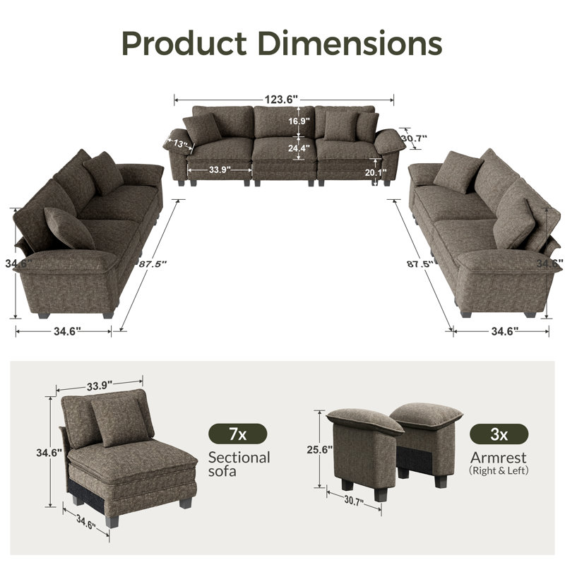 Ensemble de canapé modulaire rembourré 3 pièces, ensemble de canapé surdimensionné avec canapé et causeuse, Chenille cendré