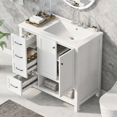 36" Bathroom Vanity With Sink Top, Bathroom Vanity Cabinet With Two Doors And Two Drawers, Solid Wood, Open Shelf, Mdf Boards, One Package, White