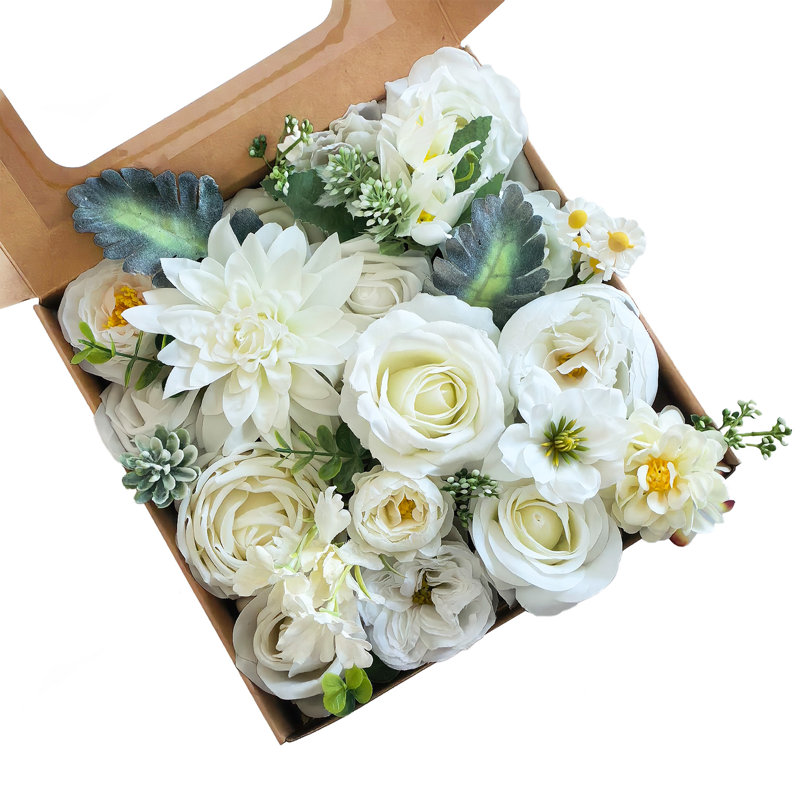 Ensemble de fleurs artificielles pour le jardin bricolage, boîte blanche 30 pièces avec tiges de fil, soie et verdure pour le mariage et la décoration intérieure