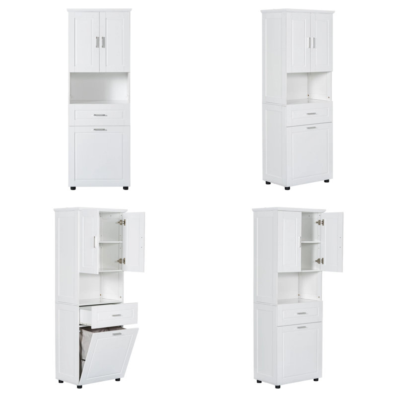 Armoire de salle de bain haut de gamme luxueuse avec panier à linge, unité de rangement tout-en-un 69,9 po avec panier inclinable et 2 portes, rangement autoportant