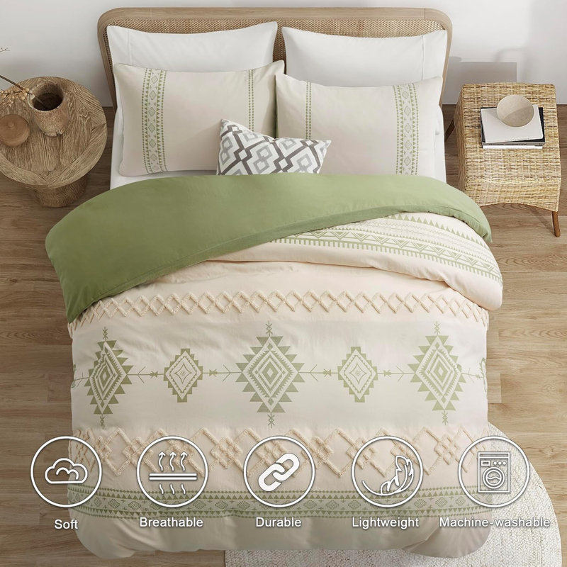 Ensemble de housse de couette Boho 3 pièces, Beige / vert sauge géométrique, Housse de couette grand + 2 taies d'oreiller