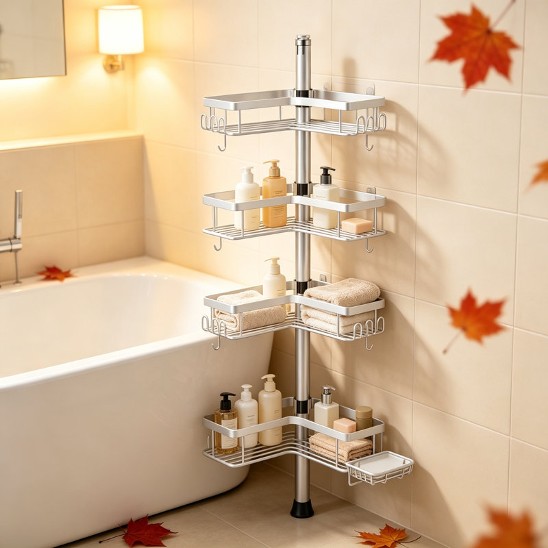Support de douche télescopique en métal robuste à quatre niveaux, réglable en hauteur de 47,7 pouces à 123,6 pouces, blanc