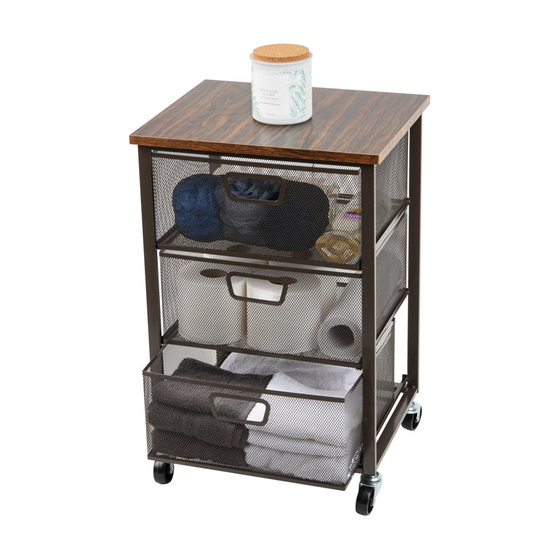  3-Drawer Rolling Storage Cart, Office Organizer with Wood Top, Multipurpose Portable Cabinet with Wheels, Metal Mesh, Black
