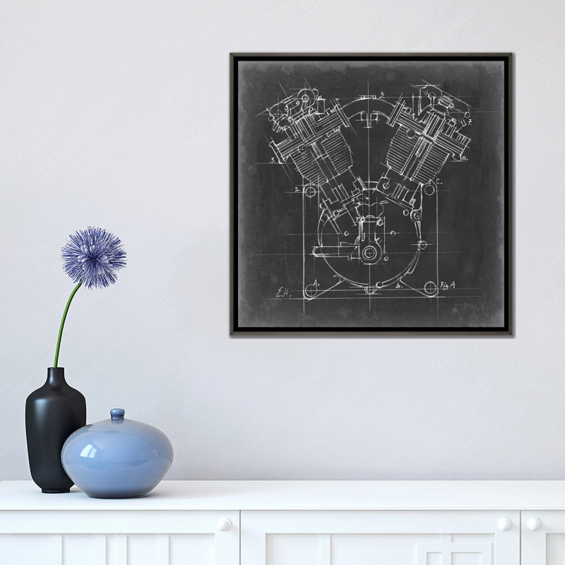 « Motorcycle Engine Blueprint II » par Ethan Harper, reproduction d’art, H 18 po x l 18 po x 1,5 po, Pas de tapis