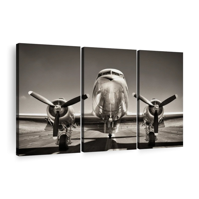 Avion noir et blanc rétro - impression sur toile tendue 3 pièces, H 28 po x l 45 po x P 1,25 po