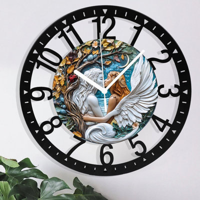 Metal Wall Clock for Living Room -10" Winged  Kissing Tree Spirit Silent Non Ticking,Battery Operated, Antique Clocks for Farmhouse,Bedroom,Kitchen - Arabic Numerals