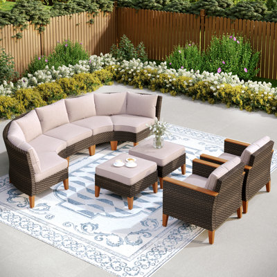 Shutesbury Wicker Outdoor Patio Conversation Furniture Sectional Set with Fire Pit Table