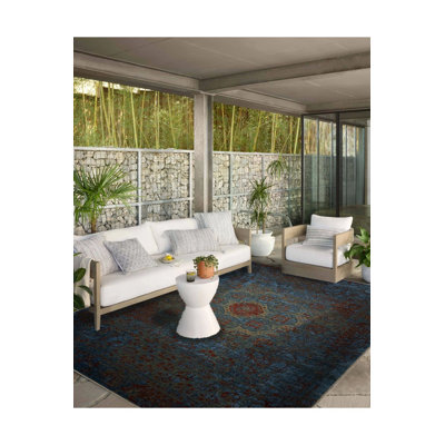 Blue Traditional Motif Distressed Pattern Vintage Decorative Washable Rug