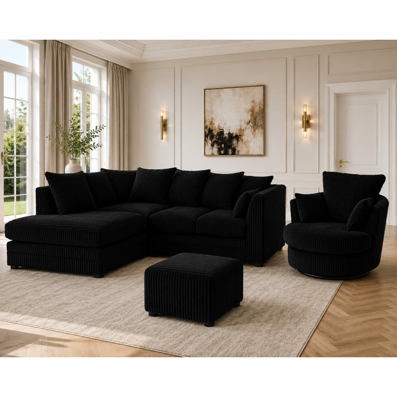 4 Seater Corduroy Sofa & Chaise, Black