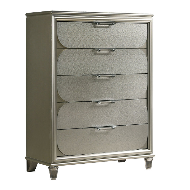 Commode haute Zema, 5 tiroirs, panneaux décoratifs argentés
