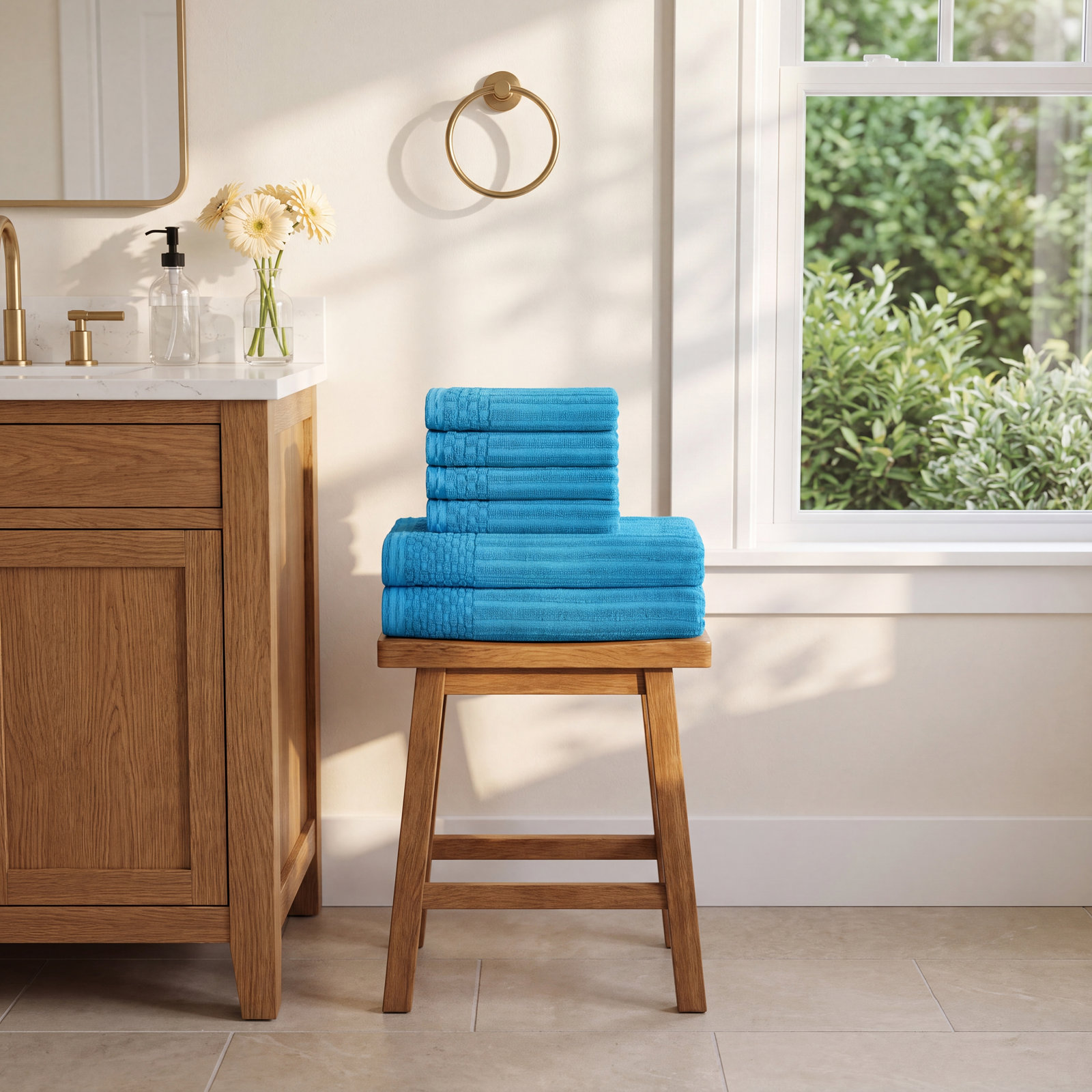 6-Piece Ribbed Cotton Towel Set, Azure